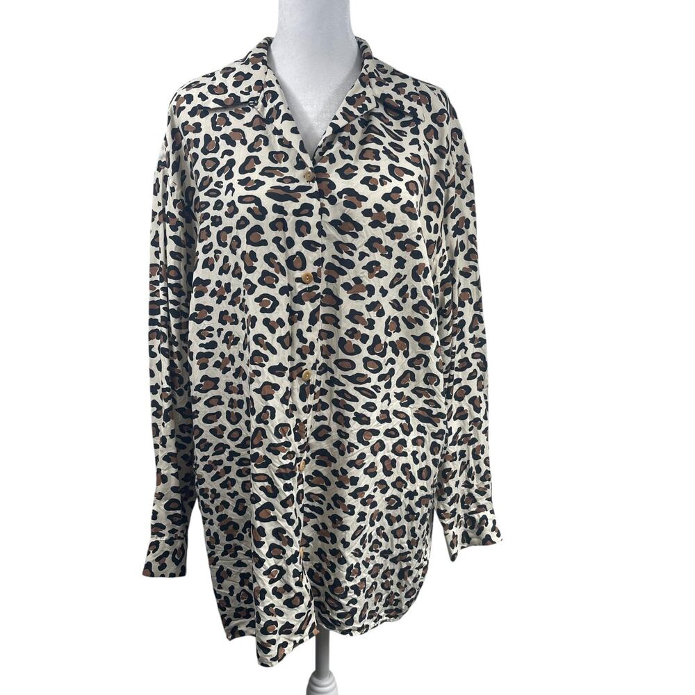 Calvin Klein 100% Silk Leopard Tunic Button Up Tunic Top Sz S Mob Wife Oversized